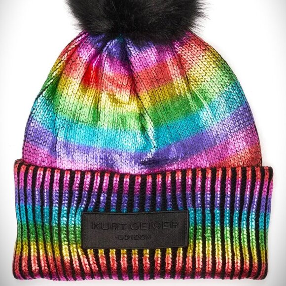 KURT GEIGER LONDON Metallic Rainbow Foil Beanie with Faux Fur Pompom - Picture 1 of 7